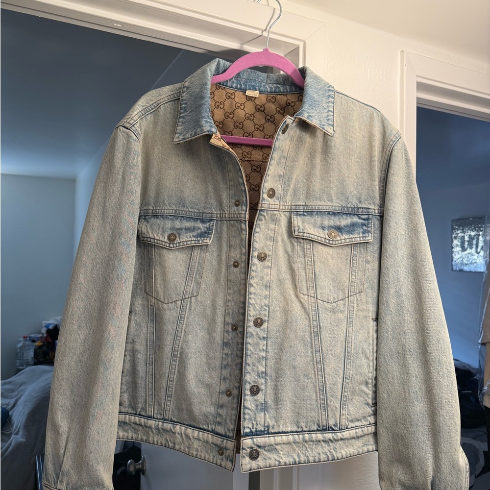Gucci• Reversible Light Blue Denim & Beige GG Monogram Jacket